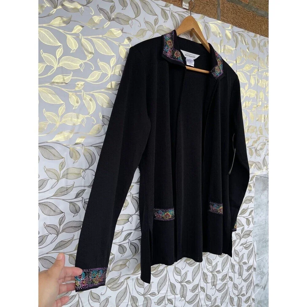 Exclusively Misook Ribbed Knit Duster | Rainbow Gem Studded Collar small